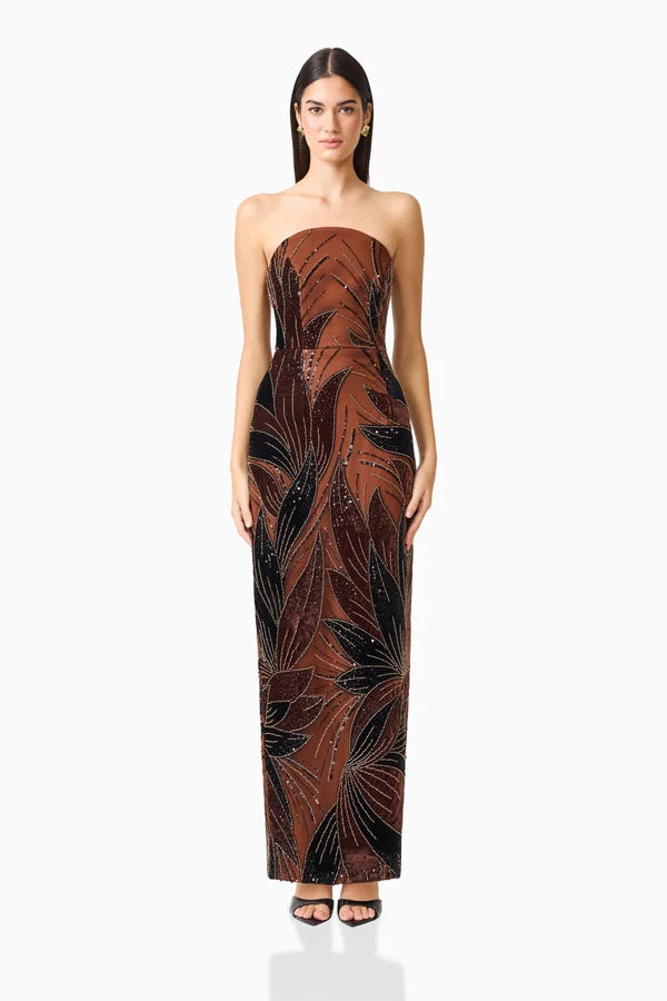 Giada Column Gown Dress in Chocolate Brown