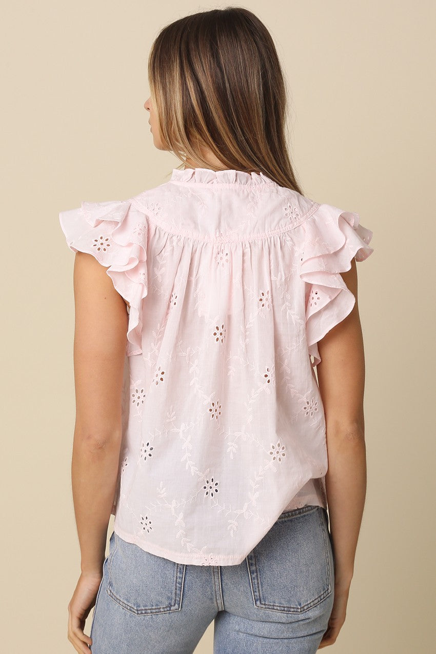 Yasmin Eyelet Ruffle Sleeve Blouse in Pink