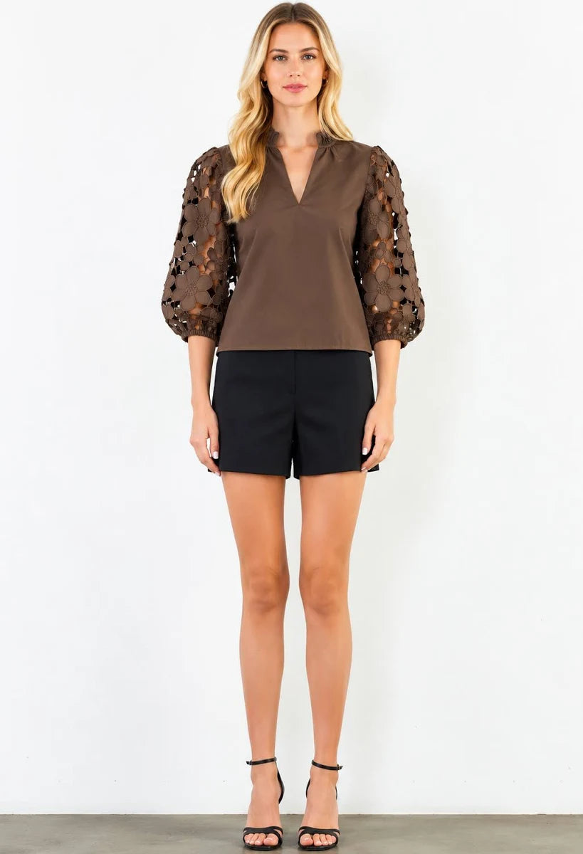 THML Shailin Hollow Cut Floral Sleeve Top