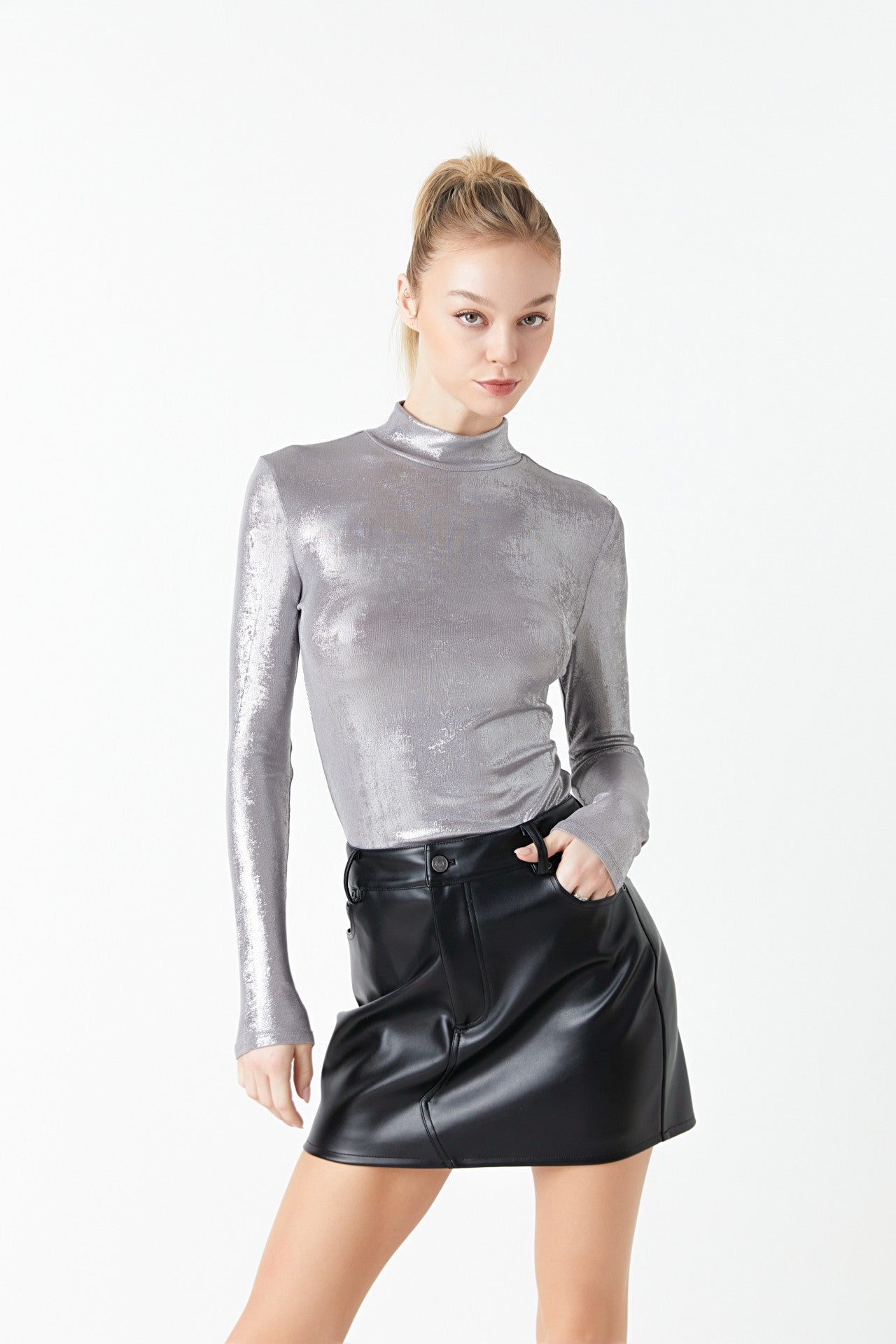 Heather Shiny Mock Neck Top