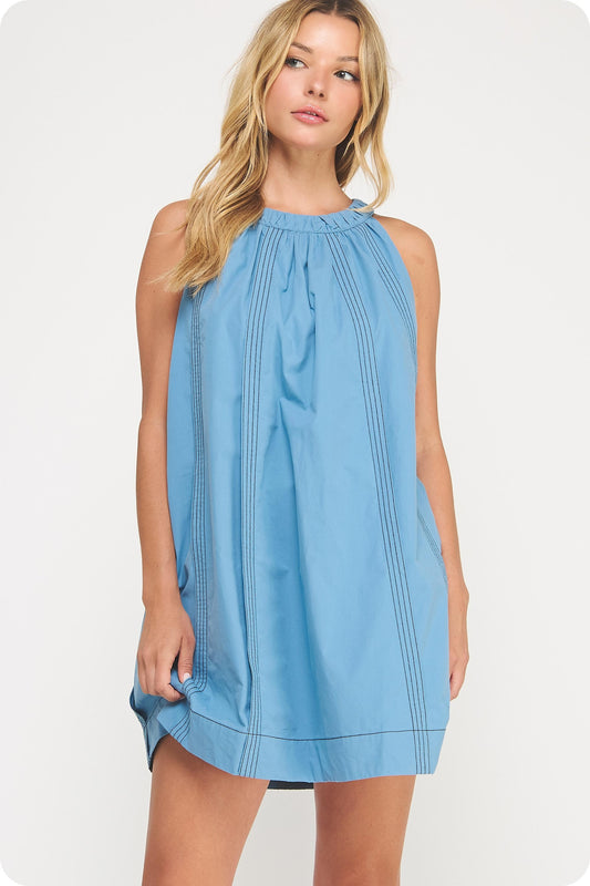 Amelia Dusty Blue Halter Neck Mini Dress