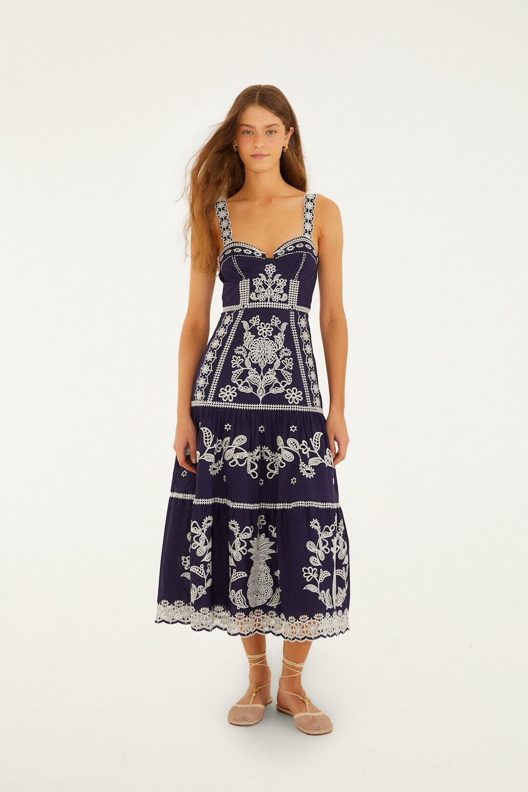 Farm Rio Blue and White Richillieu Midi Dress