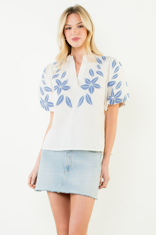 THML Becky Floral V-Neck Top White