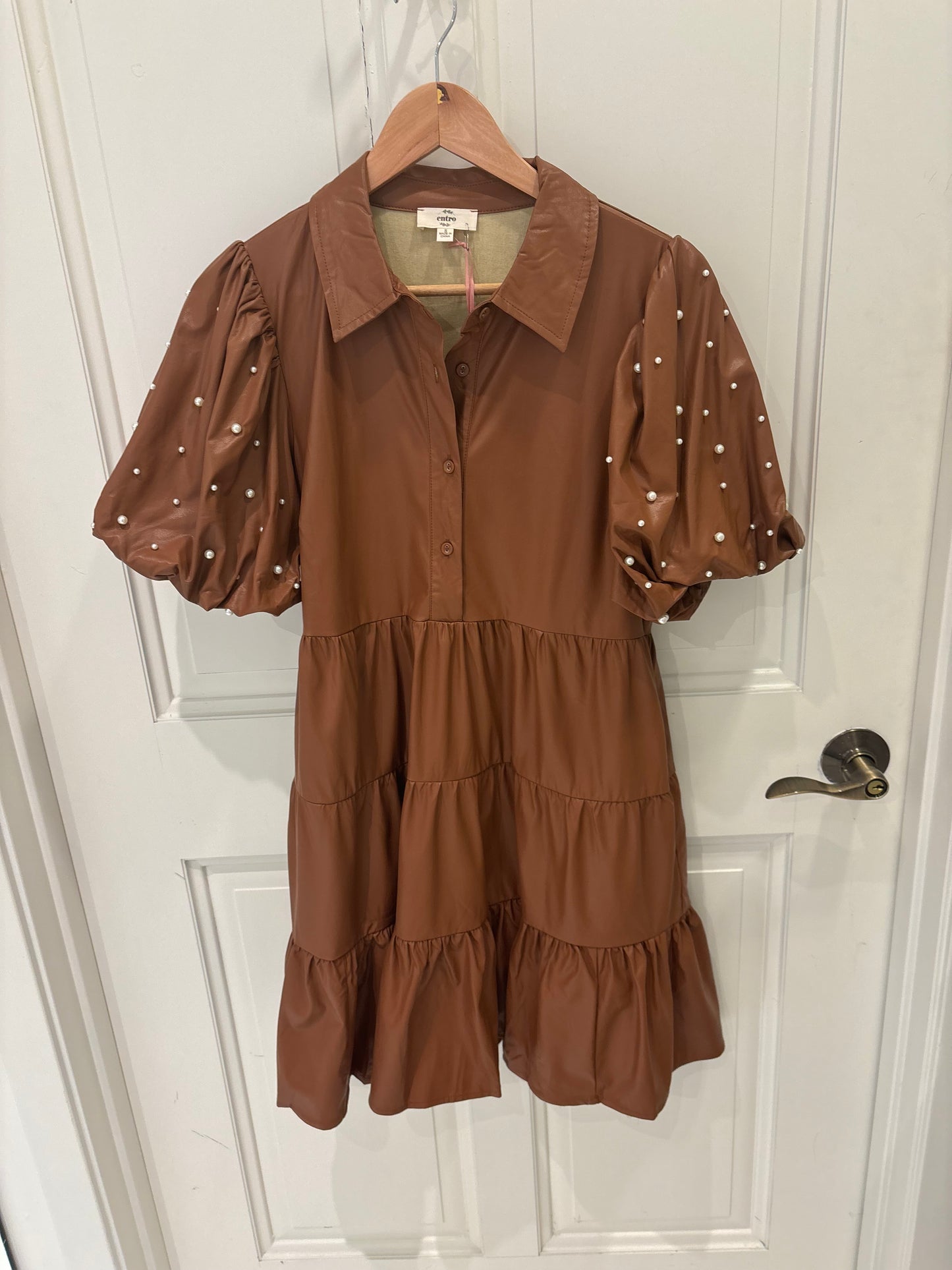 Evelyn Caramel Leather Dress with Pearls