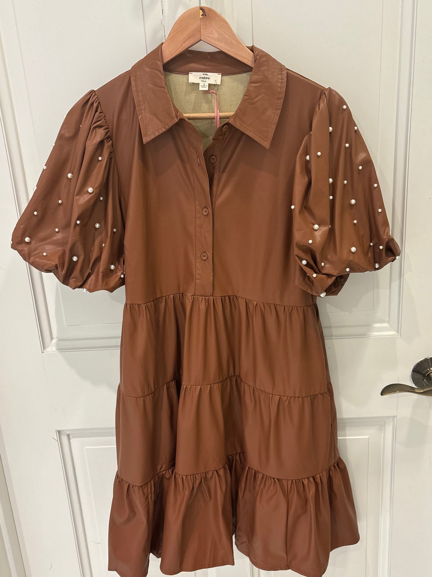 Evelyn Caramel Leather Dress with Pearls