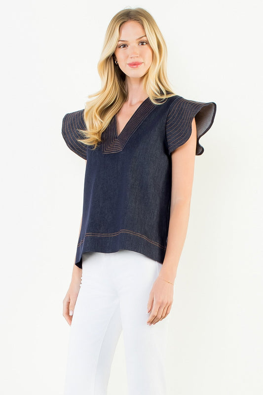 THML Marceline V-Neck Denim Top