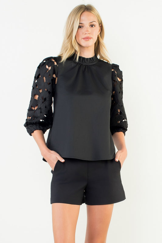 THML Devyn Black Eyelet Long Sleeve Top