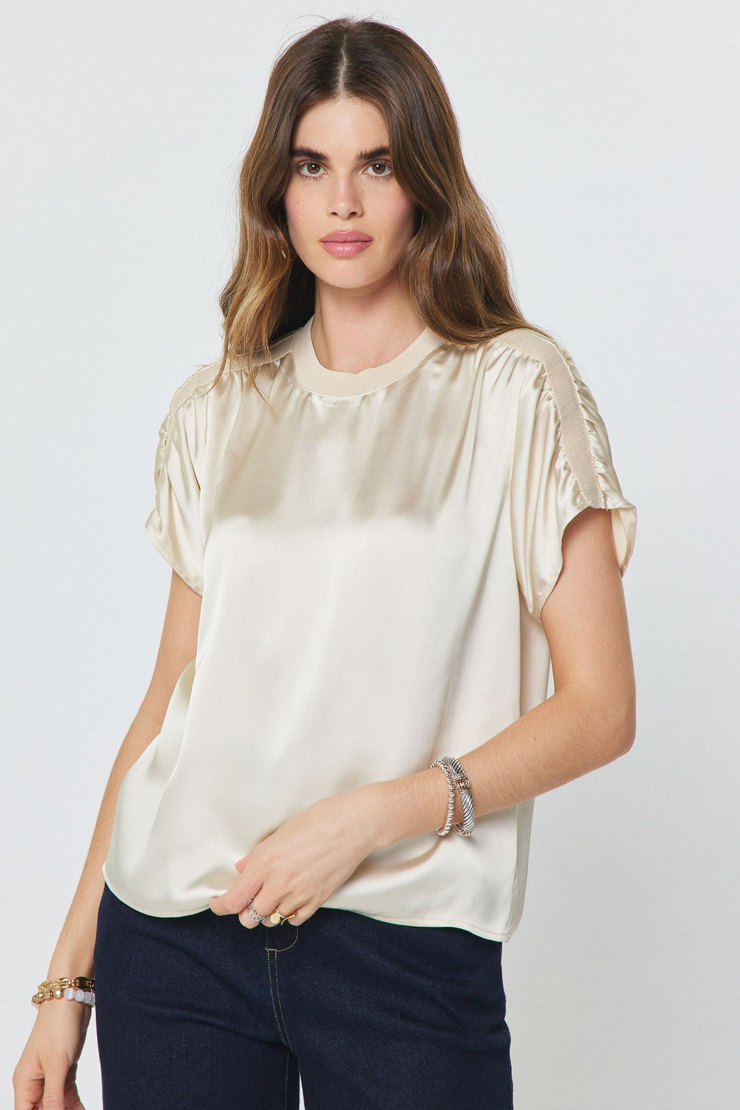 Sonia Shirred Detail Short Sleeve Top in Ecru