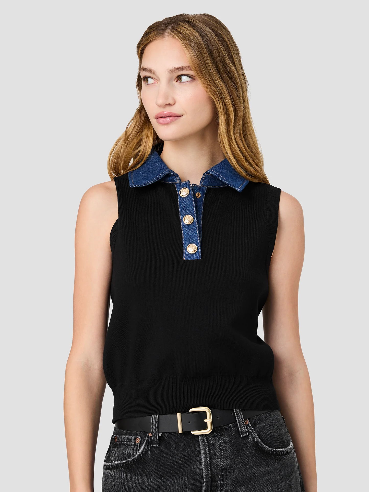 Maxime Knit Denim Collared Sweater Vest