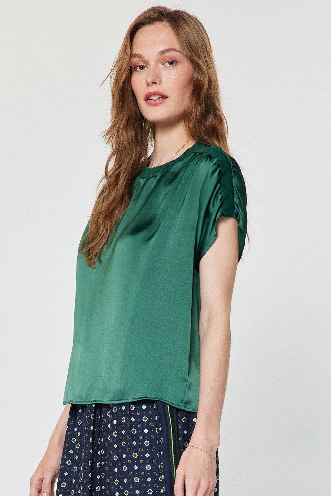 Sonia Shirred Detail Short Sleeve Top in Cypress