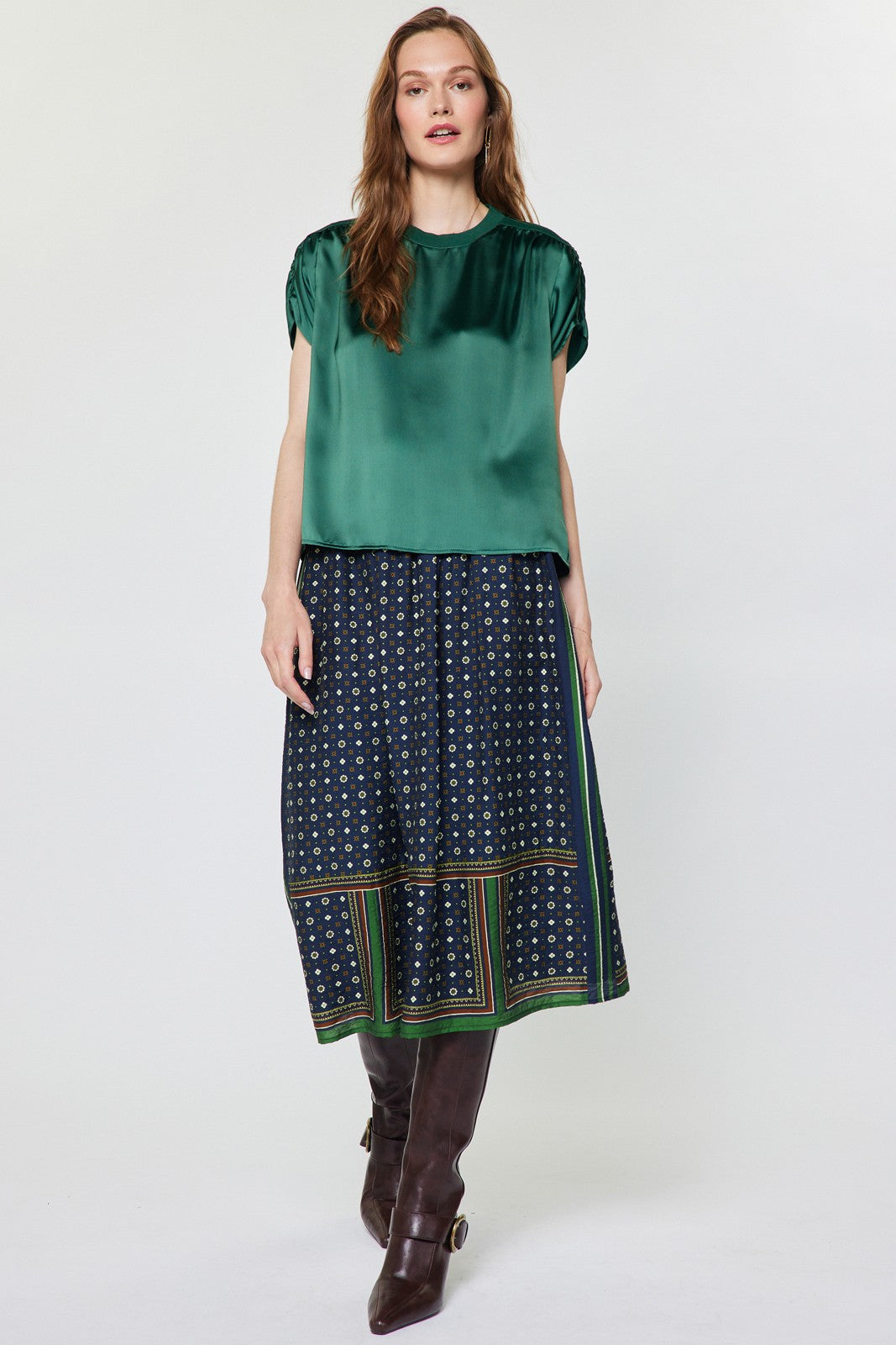 Sonia Shirred Detail Short Sleeve Top in Cypress