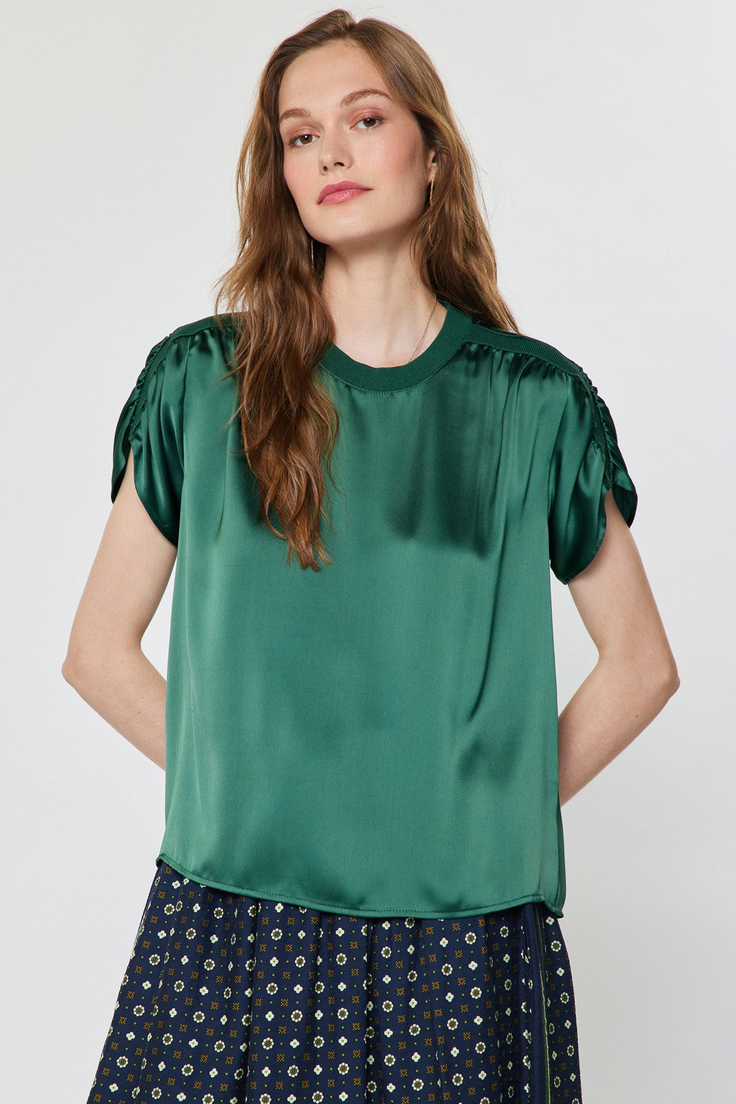 Sonia Shirred Detail Short Sleeve Top in Cypress