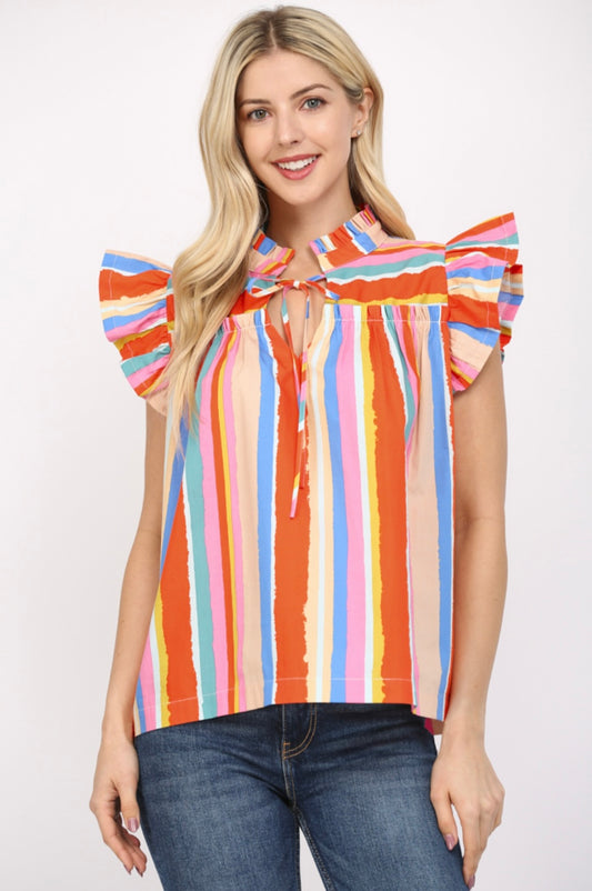 Georgia Stripe Flutter Sleeve Top