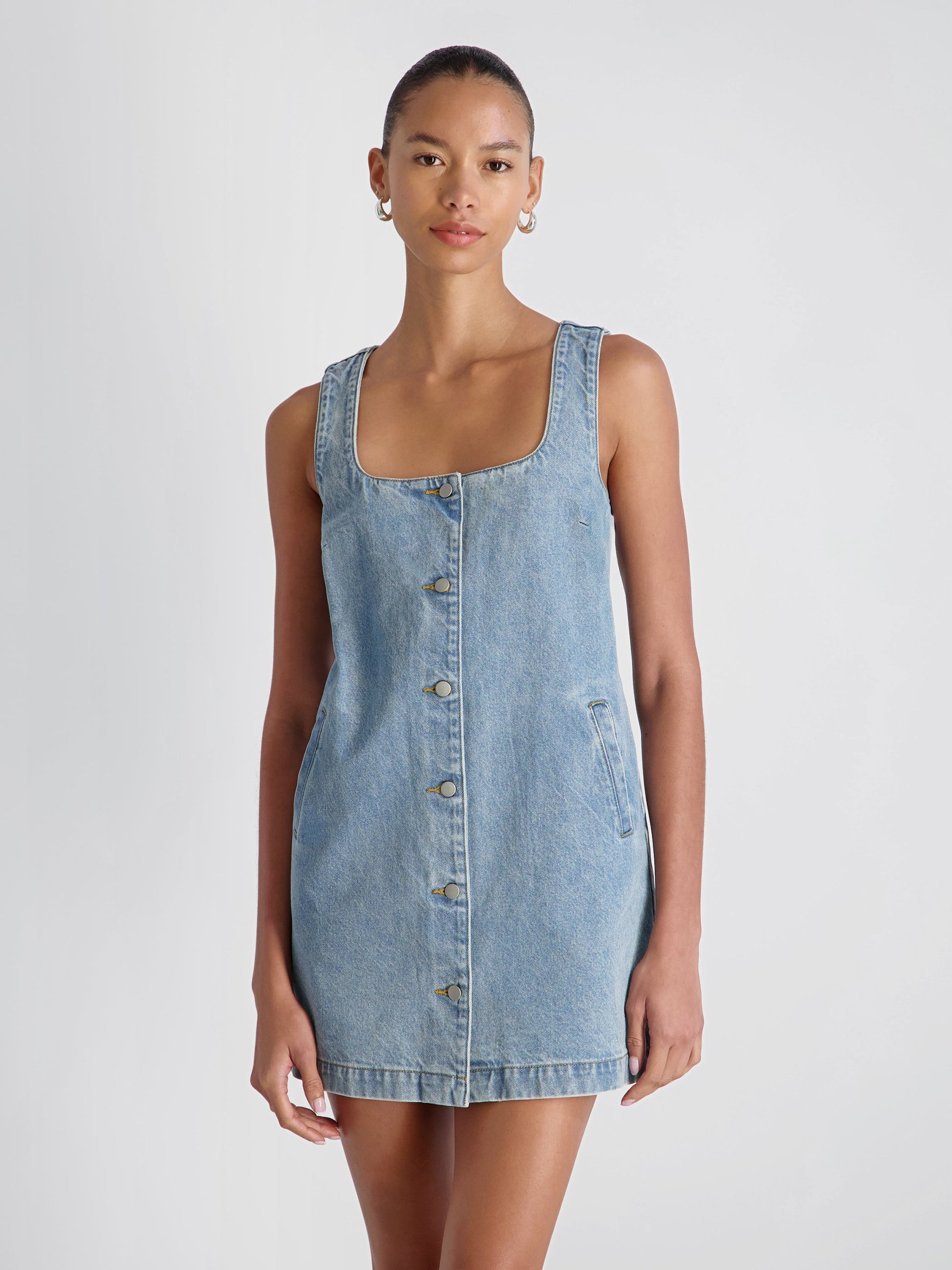 90S Denim Button-Front Sleeveless Mini Dress in Blue Denim
