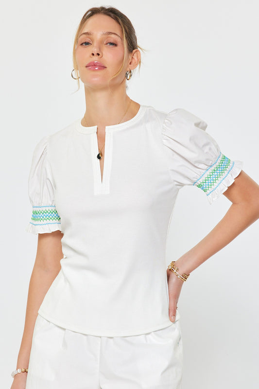 Eliza Puff Sleeve Ribbed Knit Top in White