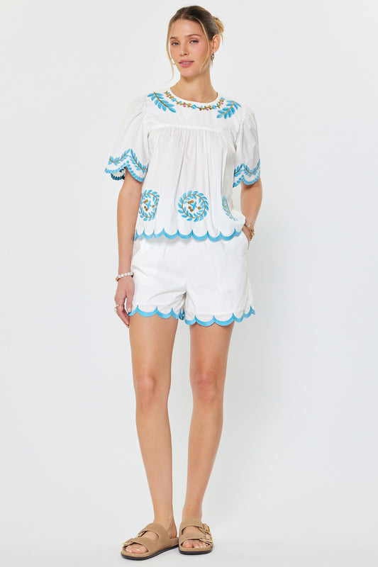 Remy Embroidered Top & Scallop Hemmed Shorts Set