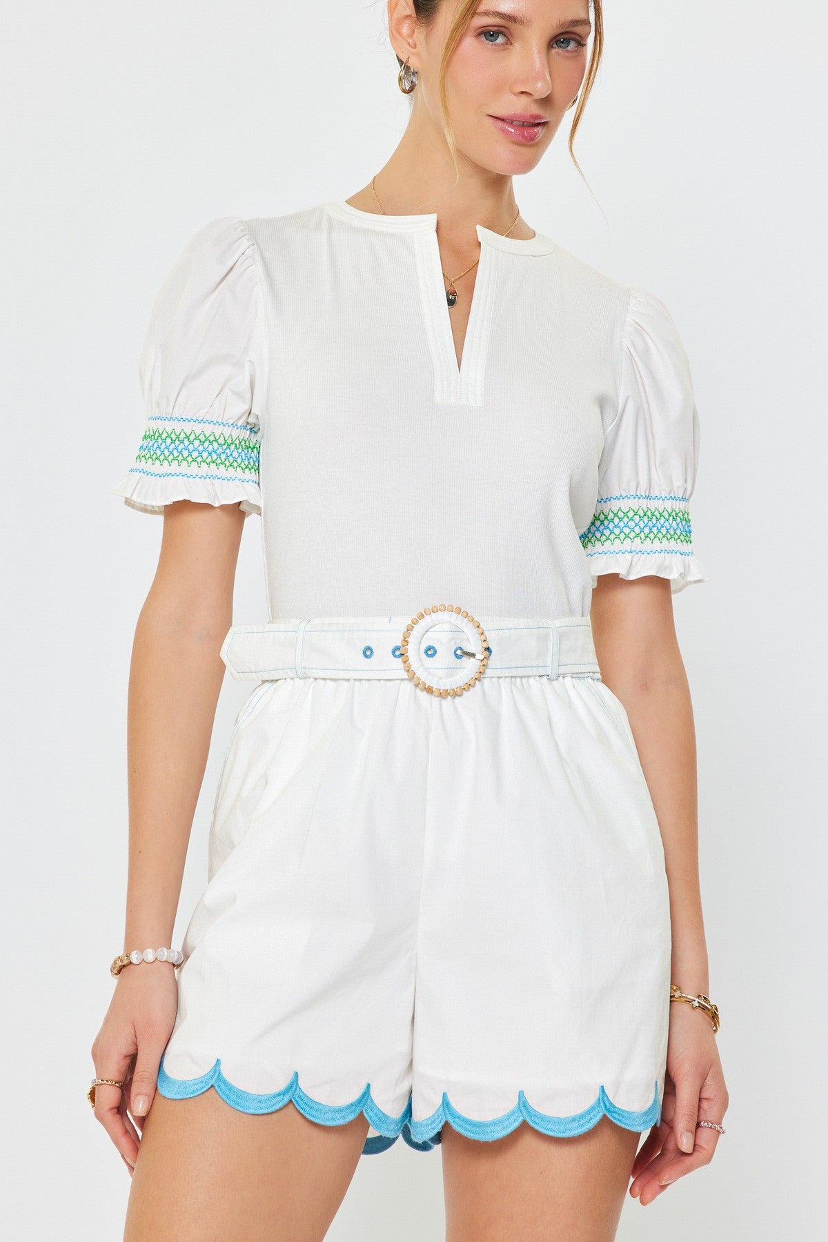 Remy Embroidered Top & Scallop Hemmed Shorts Set
