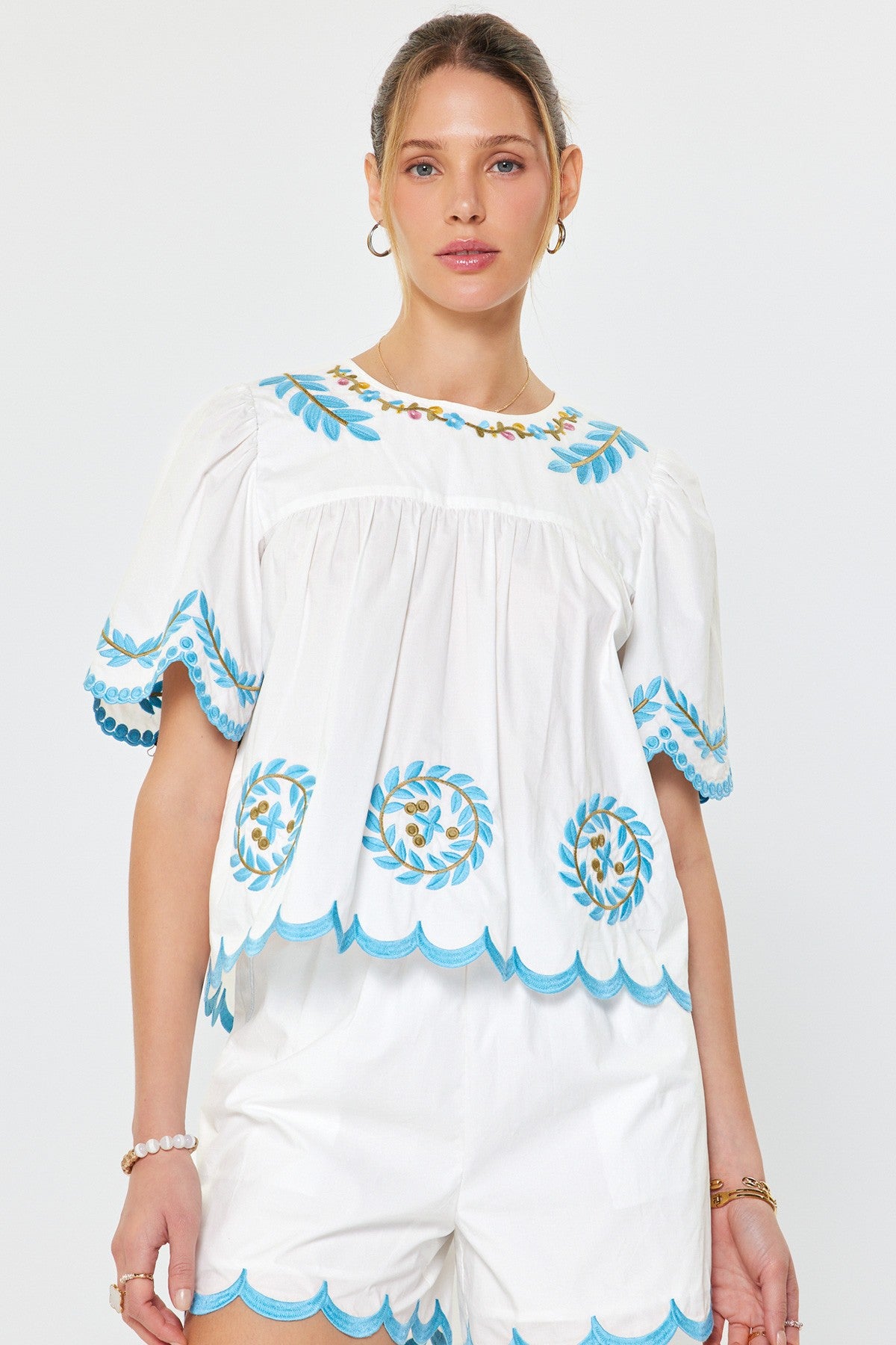 Remy Embroidered Top & Scallop Hemmed Shorts Set