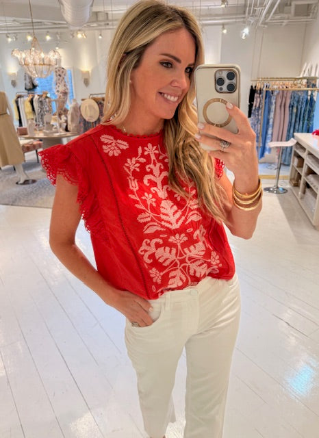 Lili Embroidered Detail Flutter Sleeve Top