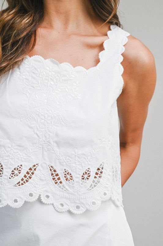 Tracey Embroidered Sleeveless Crop Top And Mini Skirt