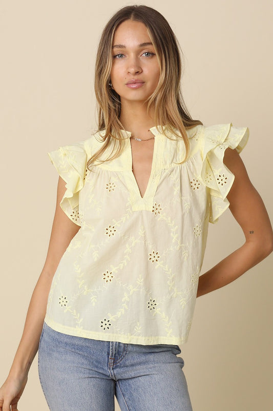 Yasmin Eyelet Ruffle Sleeve Blouse in Butter