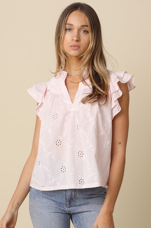 Yasmin Eyelet Ruffle Sleeve Blouse in Pink