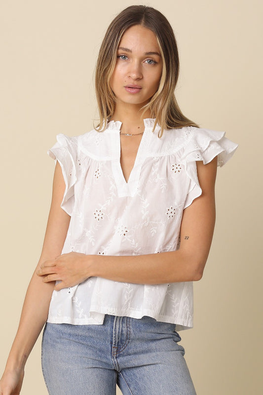 Yasmin Eyelet Ruffle Sleeve Blouse in White