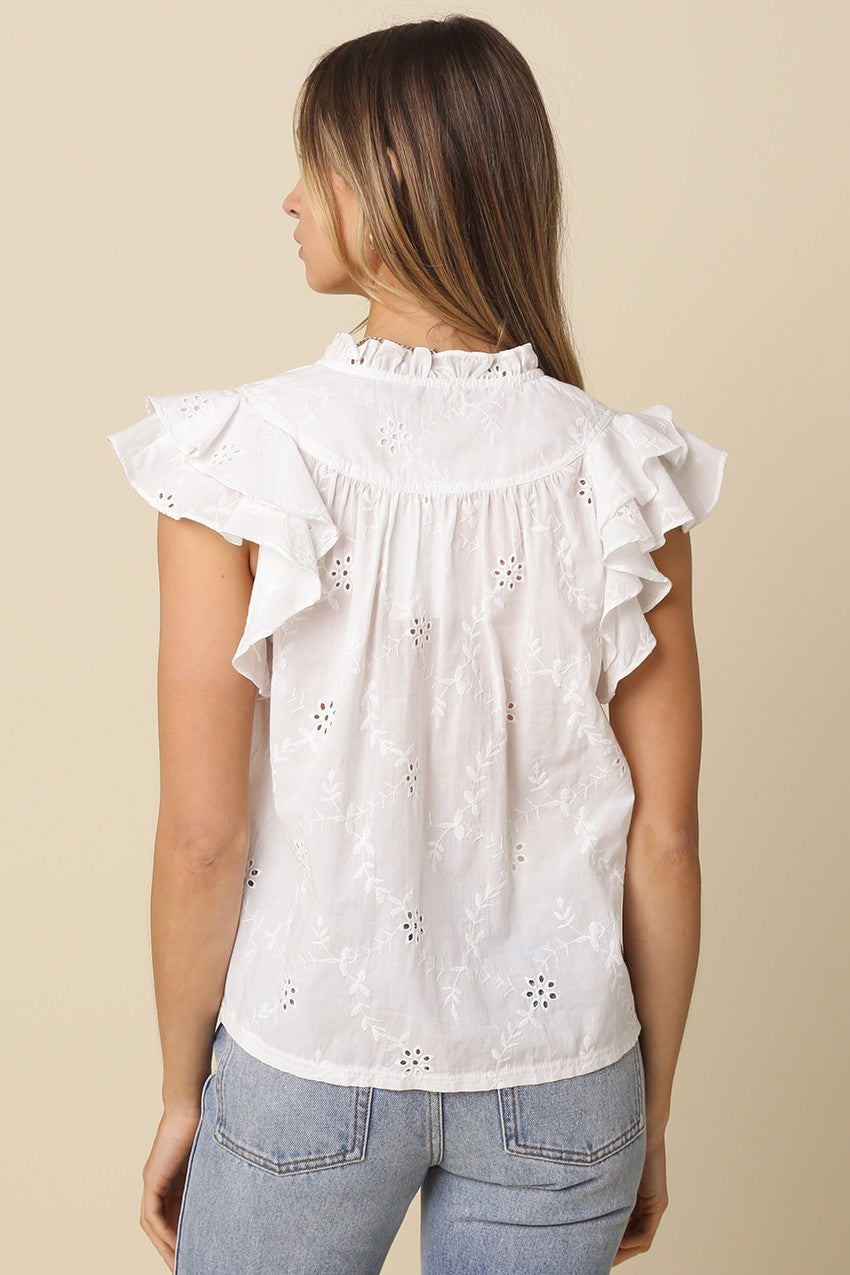 Yasmin Eyelet Ruffle Sleeve Blouse in White
