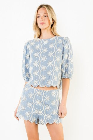 Rowan Embroidered Puff Sleeve Scallop Top