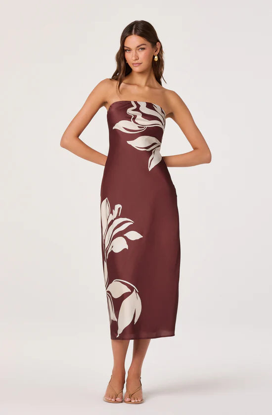 ASTR The Label | Annabeth Floral Satin Strapless Maxi Dress in Brown Floral