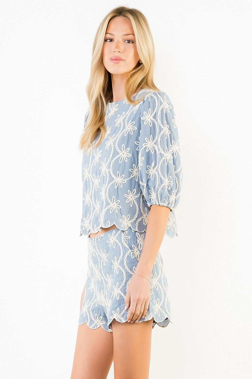 Rowan Embroidered Puff Sleeve Scallop Top