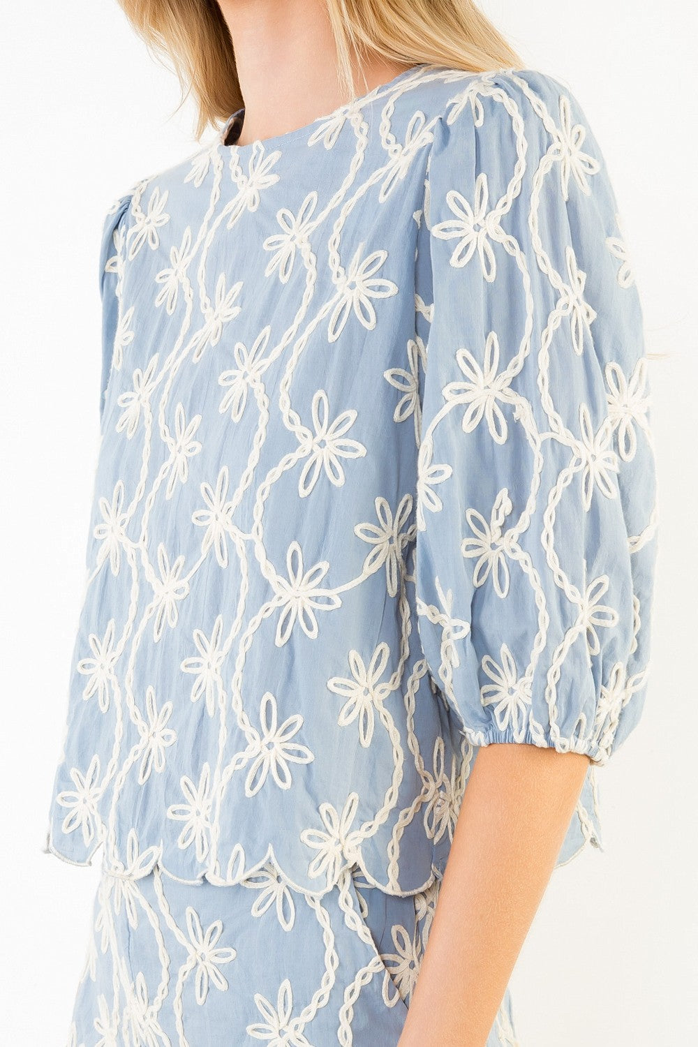 Rowan Embroidered Puff Sleeve Scallop Top