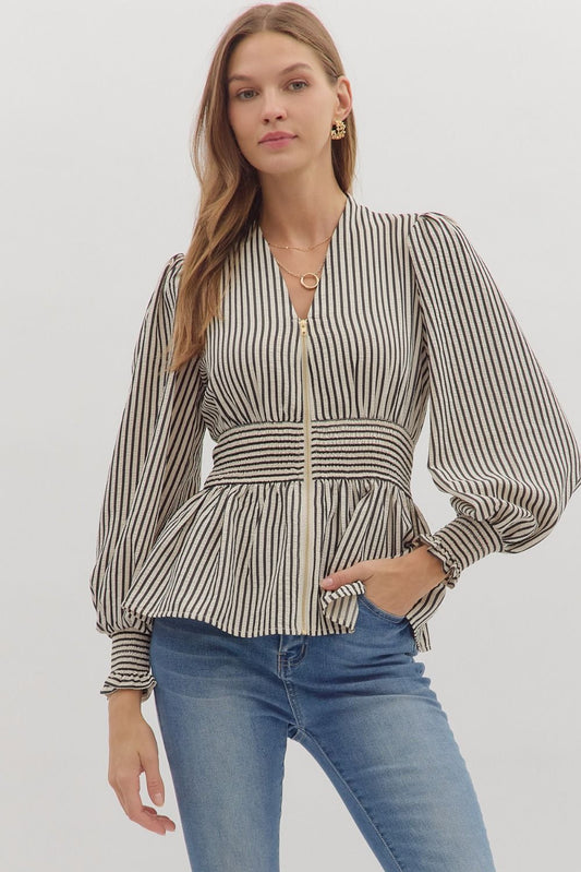 Melinda Striped Zipper Top in Black or Caramel