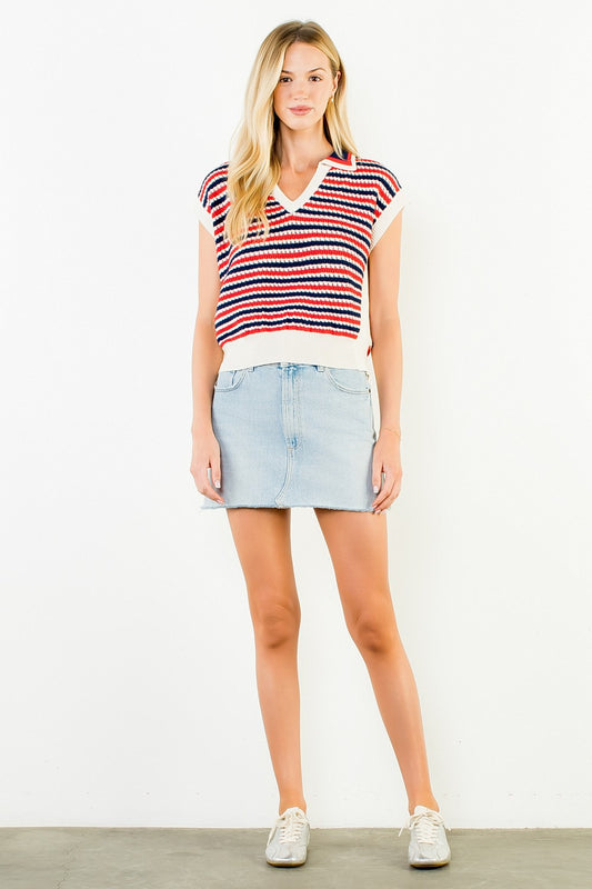 THML Petra Collared Stripe Knit Top