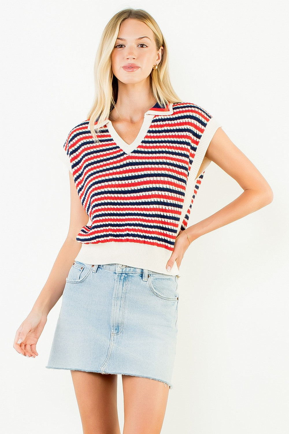 THML Petra Collared Stripe Knit Top