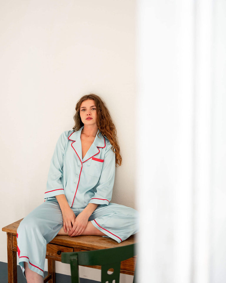 MERSEA Satin Sailor PJ Set in Aquamarine & Lucky Charms