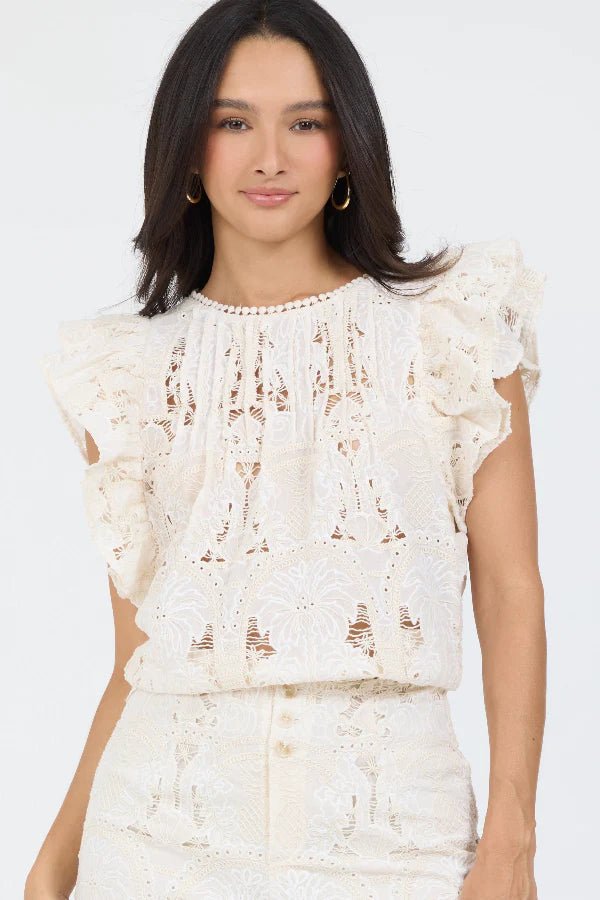 Stellah Hanna Ruffle Sleeve Embroidery Top