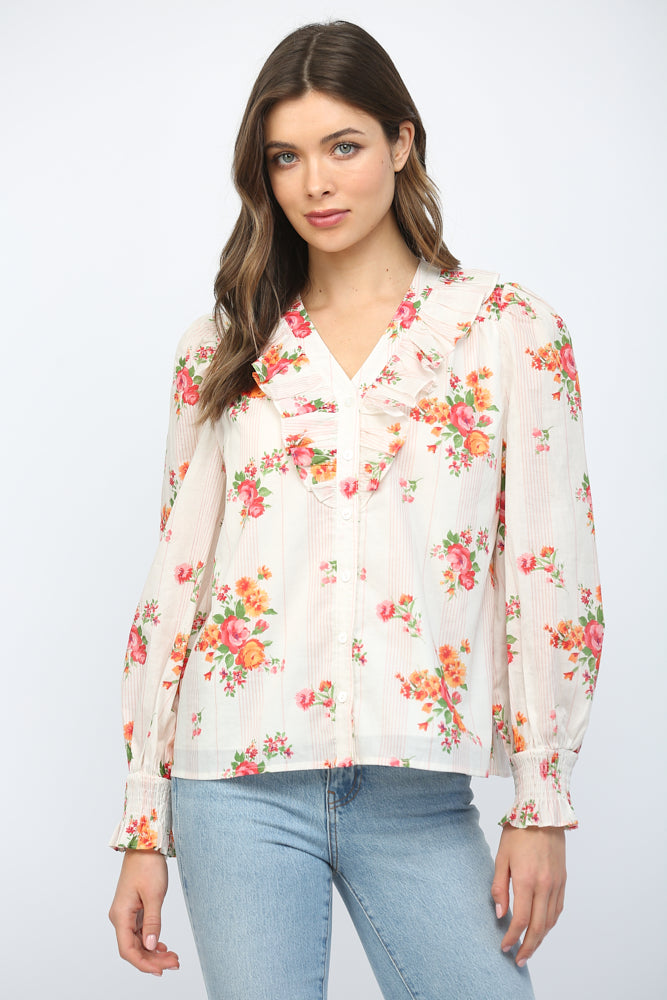 Blaire Print Rufffled V-Neckline Blouse