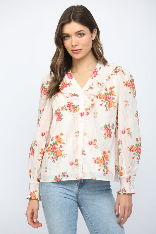 Blaire Print Rufffled V-Neckline Blouse